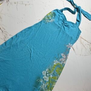 Roxy Y2K Floral Logo Halter Dress Blue Tropical Retro Beachy Sz M Surf